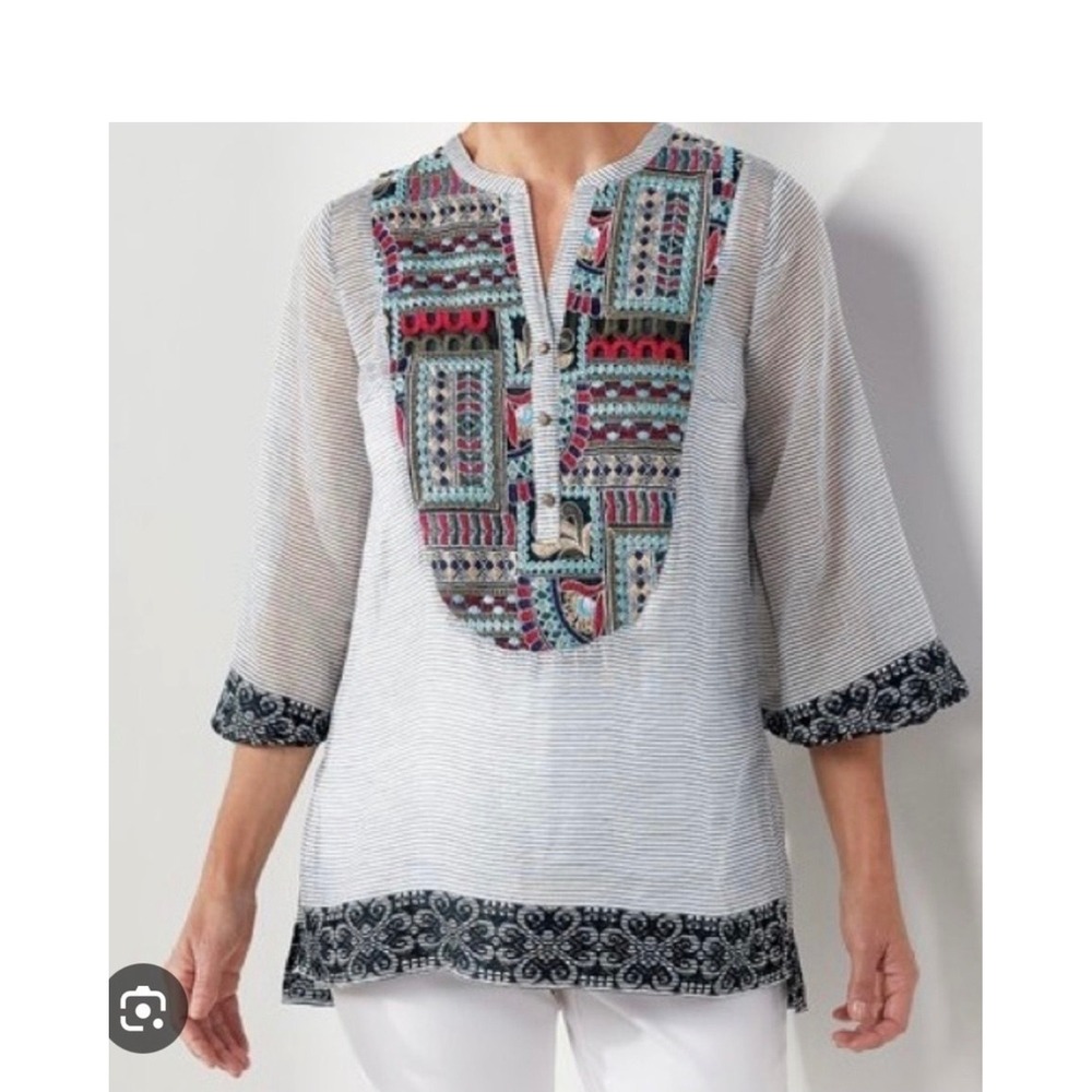 Soft Surroundings Havana Tunic Top XS Embroidered Striped Boho Lace